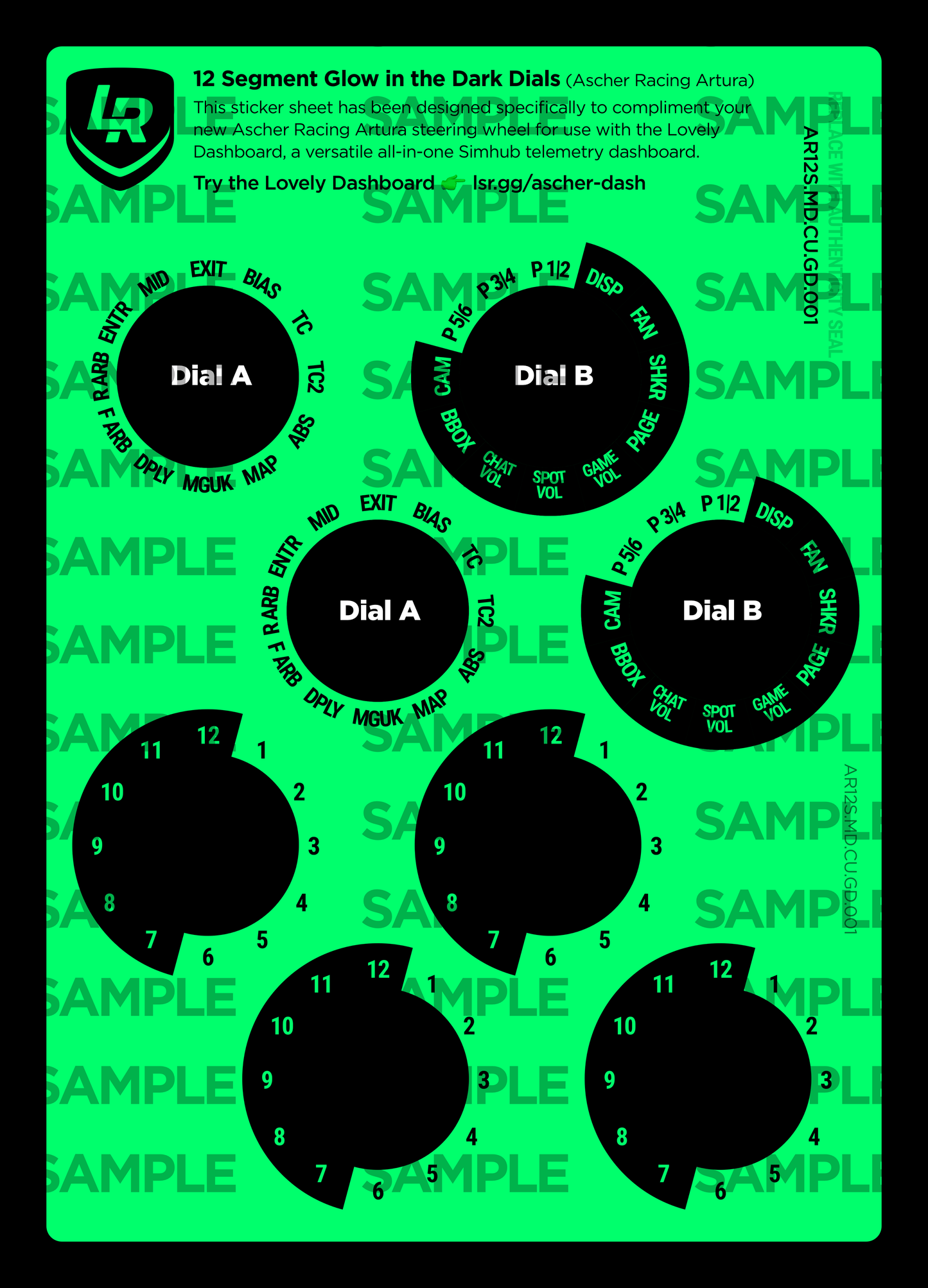 12 Segment Glow in the Dark Custom Dials Only (Ascher Racing Artura)
